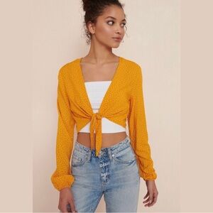 Garage Yellow Polka Dot Tie Front Long Sleeve Blouse